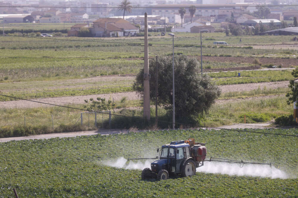 Un agricultor fumiga con su tractor un campo de hortalizas en el área metropolitana de valencia