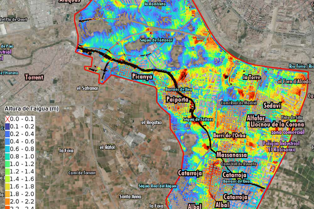 Mapa de las zonas inundables en la zona cero de la DANA elaborado por la UPV