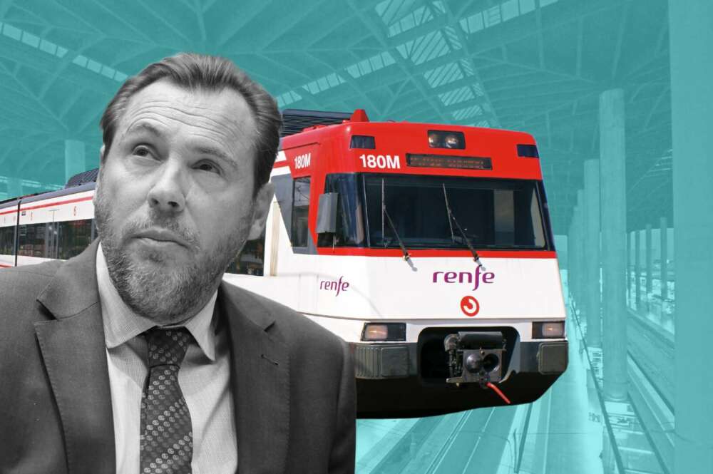 El ministro de transportes, Oscar Puente, con tren de Renfe detrás