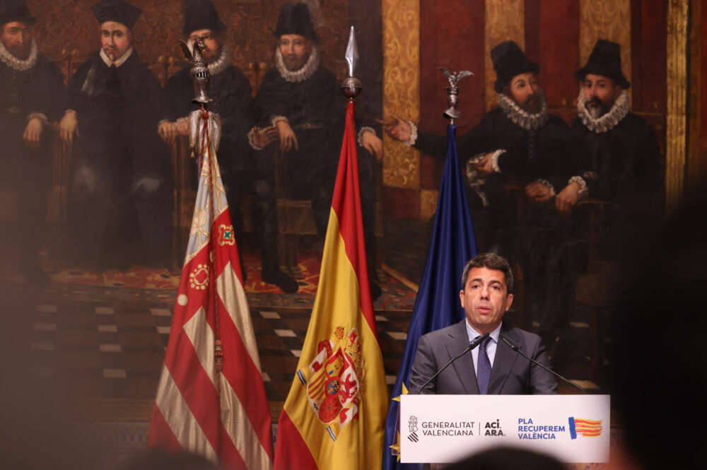 El presidente de la Generalitat, Carlos Mazón, durante la presentación del Informe de Diagnóstico para el Plan de Recuperación Económico y Social tras la DANA