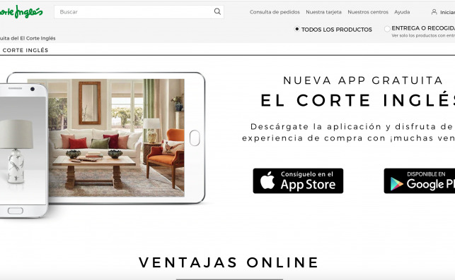 Web de El Corte Inglés donde puede descargarse y consultar las ventajas de su app