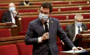 El vicepresidente de la Generalitat en funciones de presidente, Pere Aragonès, durante la sesión de control al Govern en el Parlament. EFE/Quique García