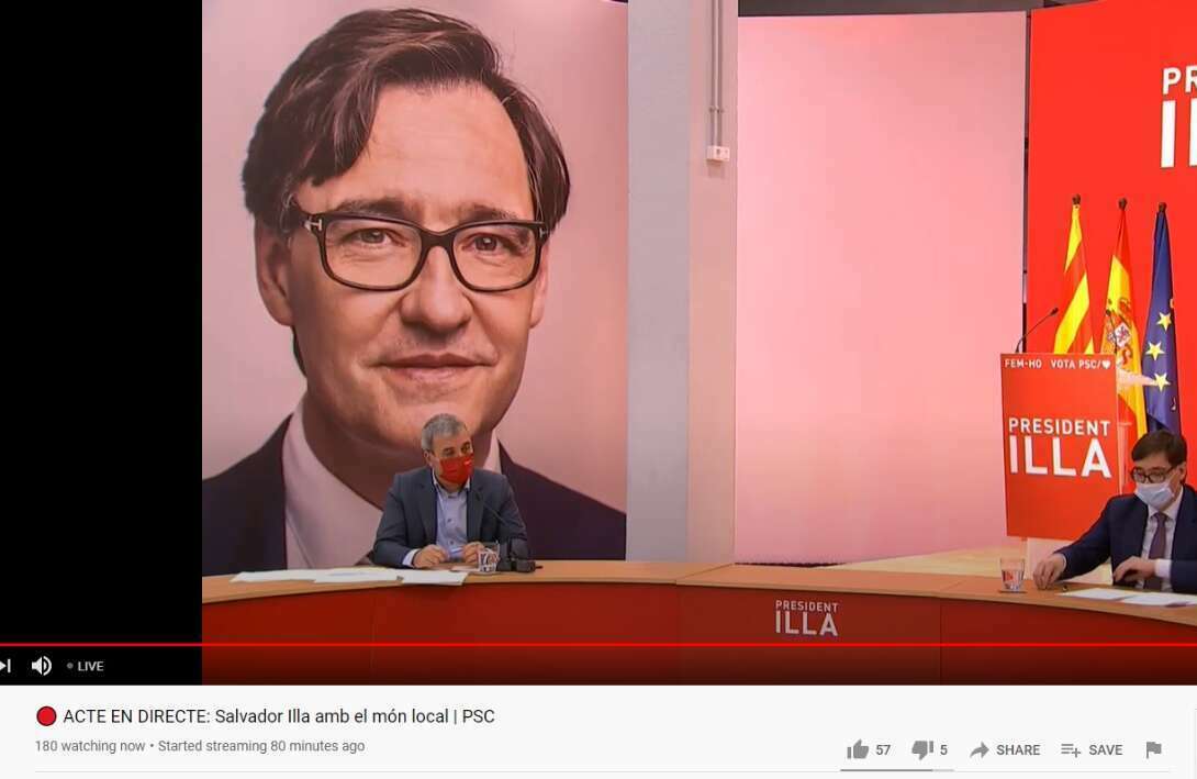 El primer teniente de alcalde de Barcelona, Jaume Collboni, y el candidato socialista a la Generalitat, Salvador Illa, en un acto de campaña del PSC, emitido por Youtube el 29 de enero de 2021 | Youtube/PSCtv