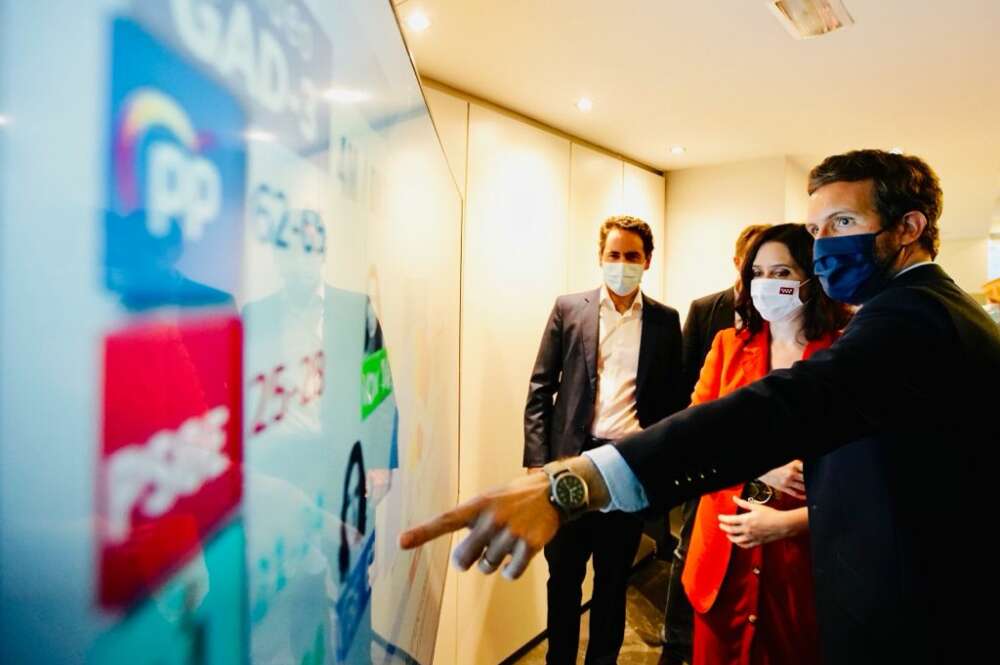 Pablo Casado e Isabel Díaz Ayuso observan los resultados de la noche electoral./ David Mudarra