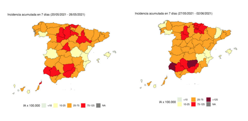 Evolución de la incidencia acumulada a siete días en las dos últimas semanas./ Ministerio de Sanidad