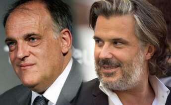 El presidente de LaLiga, Javier Tebas (izquierda), y el presidente de la Liga de Fútbol Profesional francesa (LFP), Vincent Labrune