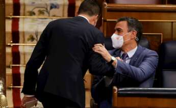 El portavoz del PSOE, Héctor Gómez (i), junto al presidente del Gobierno, Pedro Sánchez, durante el pleno celebrado este jueves en el Congreso. Foto: EFE/Juan Carlos Hidalgo