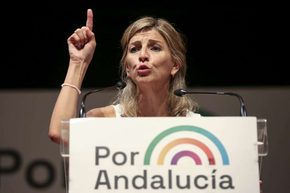 MÁLAGA, 12/06/2022.- La vicepresidenta segunda del Gobierno y ministra de Trabajo, Yolanda Díaz, participa en un acto de campaña del partido 'Por Andalucía' que se presenta con Inmaculada Nieto a la Presidencia de la Junta de Andalucía. EFE/Daniel Pérez