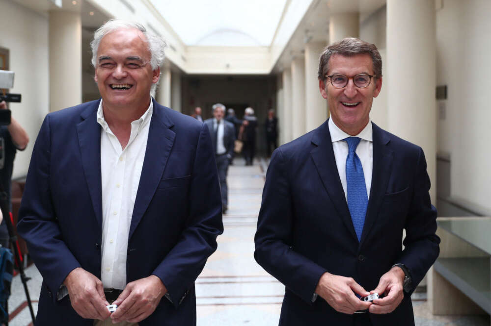 El presidente del Partido Popular, Alberto Núñez Feijóo, y el eurodiputado Esteban González Pons, en los pasillos del Senado. EFE/Miguel Osés