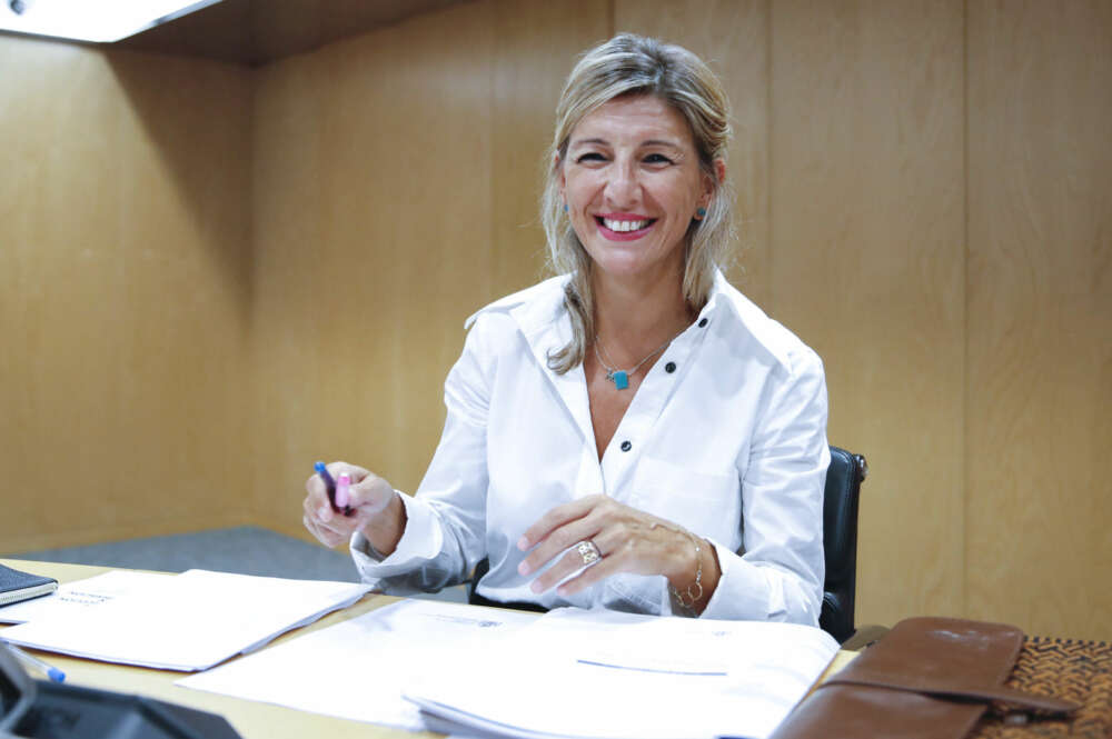 MADRID, 21/09/2022.-La ministra de Trabajo Yolanda Díaz, este miércoles durante la reunión la Mesa de Diálogo Social para el Plan de Recuperación.- EFE/Javier Lopez