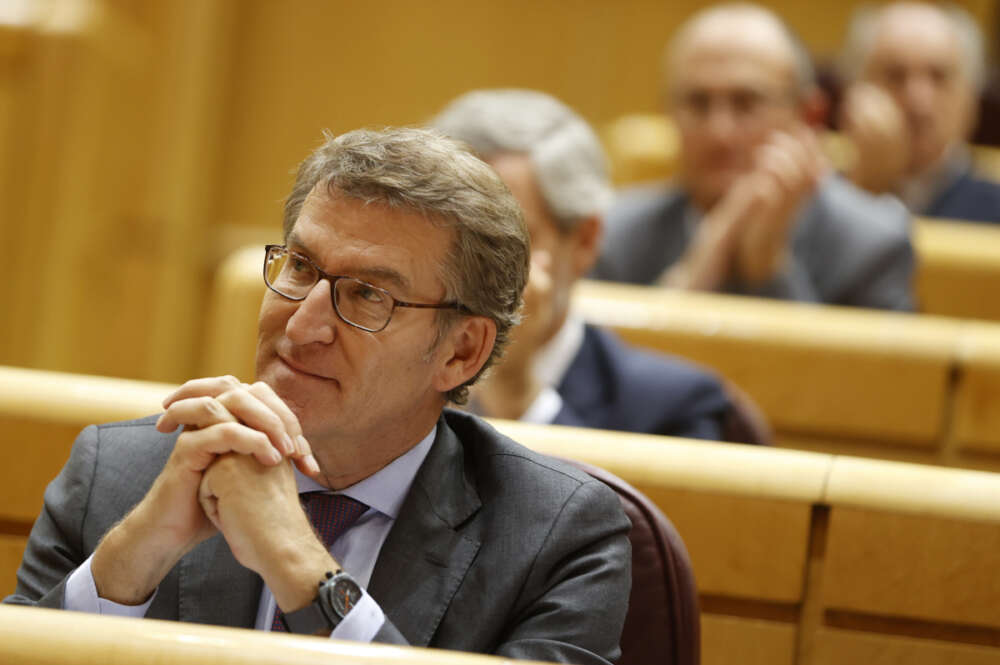 El líder del PP, Alberto Núñez Feijóo, durante una sesión de control al Gobierno celebrada en la Cámara Alta. EFE/ Mariscal