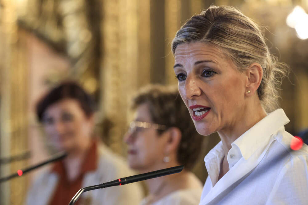 MADRID, 19/06/2023.- La vicepresidenta segunda y ministra de Trabajo y Economía Social,Yolanda Díaz, durante el "Encuentro de Ministras Iberoamericanas de Trabajo. Hacia una Internacional laborista iberoamericana", celebrado este lunes en Casa de América, en Madrid. EFE/ Zipi