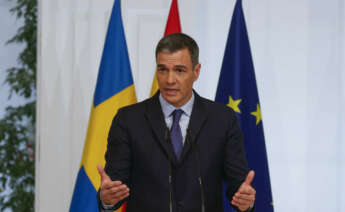 MADRID, 05/06/2023.- El presidente del Gobierno, Pedro Sánchez, durante la rueda de prensa conjunta celebrada con el primer ministro de Suecia, Ulf Kristersson, tras mantener un encuentro este lunes en el Palacio de la Moncloa. EFE/ Javier Lizón