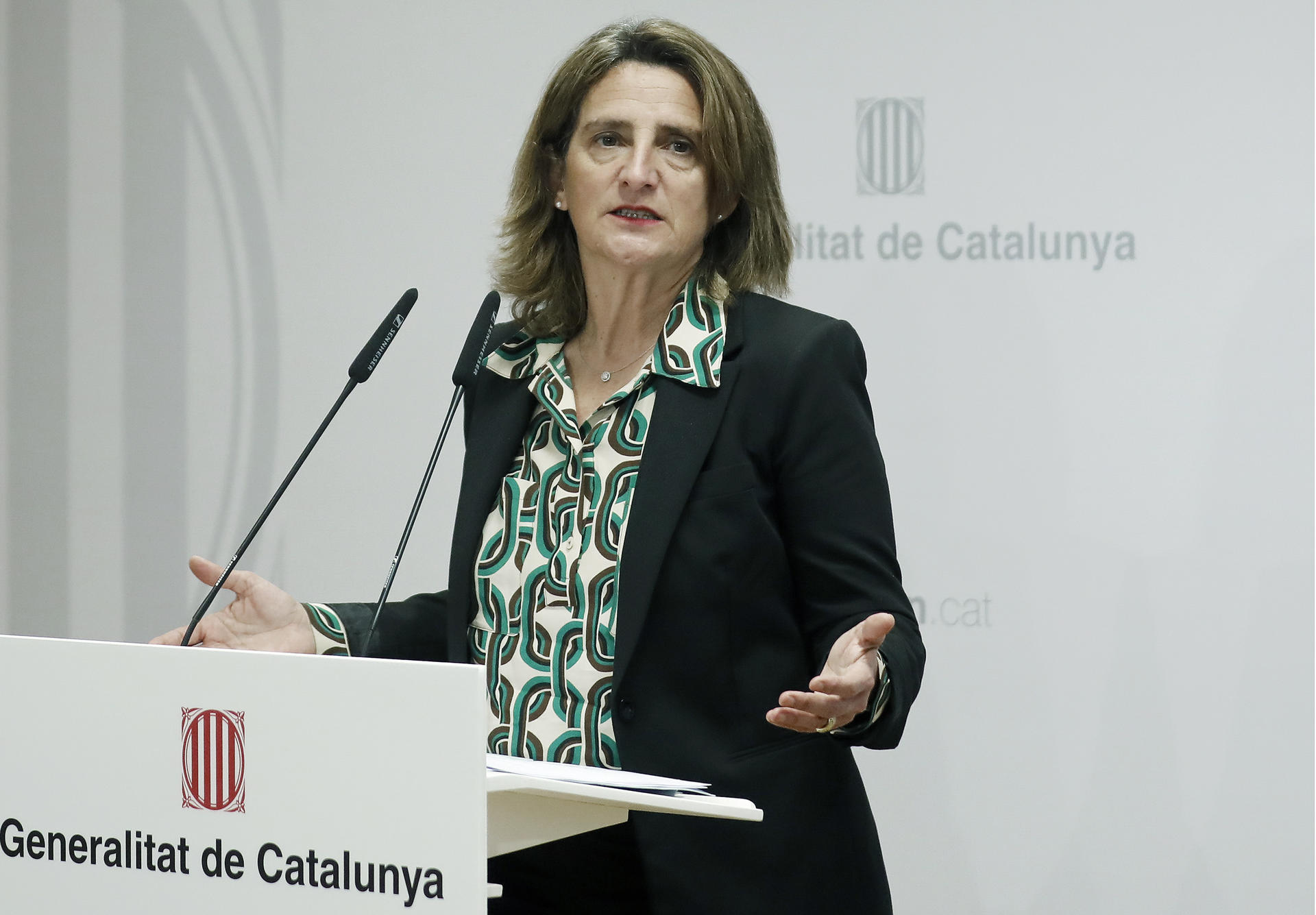 GRAFCAT9240. BARCELONA, 05/02/2024.- La ministra para la Transición Ecológica, Teresa Ribera, durante la comparecencia posterior a la reunión que ha mantenido este lunes en Barcelonacon el conseller de Acción Climática de la Generalitat, David Mascort, para abordar la colaboración para hacer frente a la extrema sequía de Cataluña con asuntos sobre la mesa como la financiación de nuevas desalinizadoras, eventuales interconexiones de cuencas o los barcos de agua. EFE/Andreu Dalmau