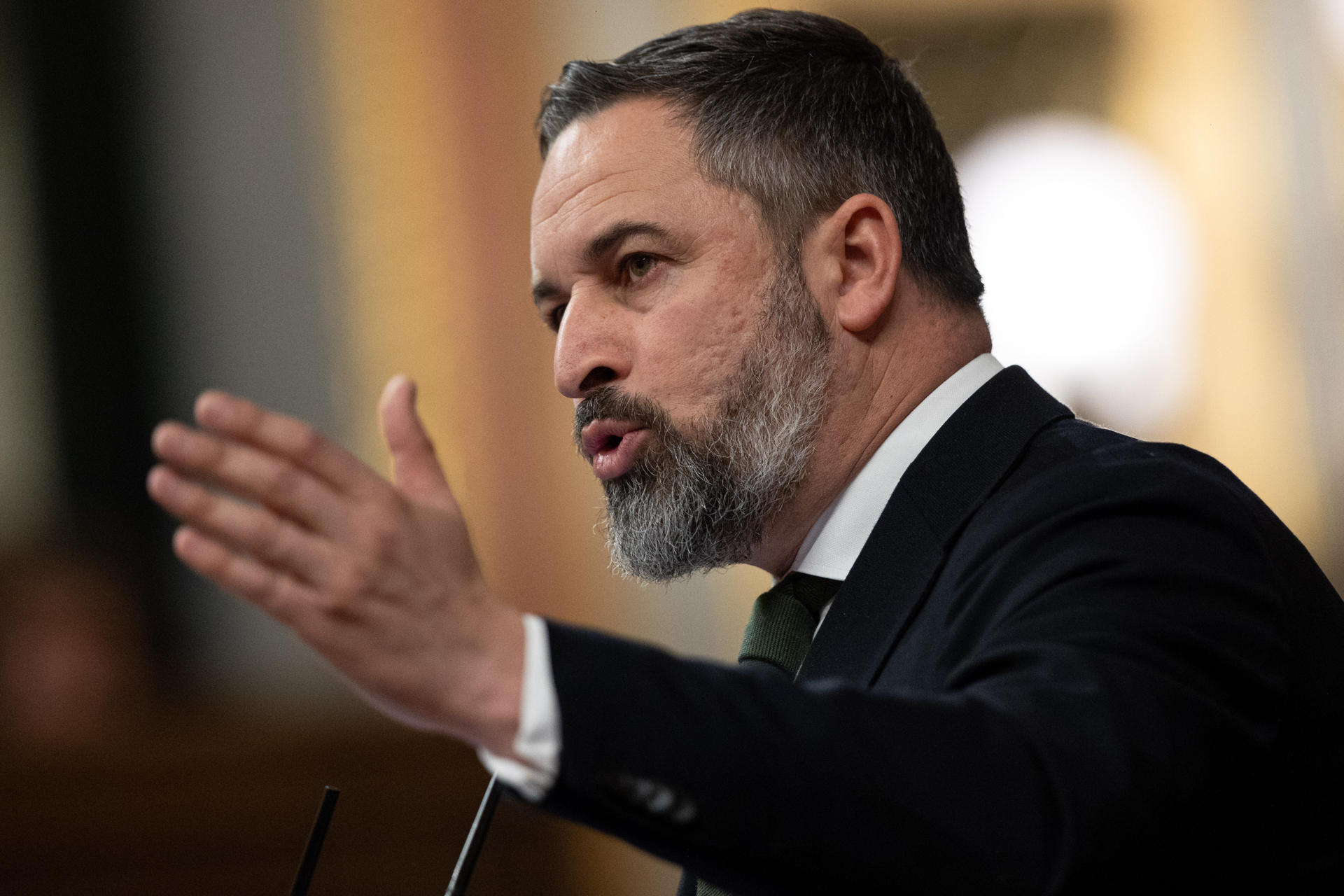 MADRID, 30/01/2024.- El líder de Vox, Santiago Abascal, interviene en el pleno extraordinario del Congreso de los Diputados en Madrid que debate la ley de amnistía. La votación vuelve a estar en el aire tras la advertencia de Junts de que no apoyará el texto si el PSOE se niega a modificarlo. Los independentistas han reunido de urgencia a su dirección. EFE/ Daniel González