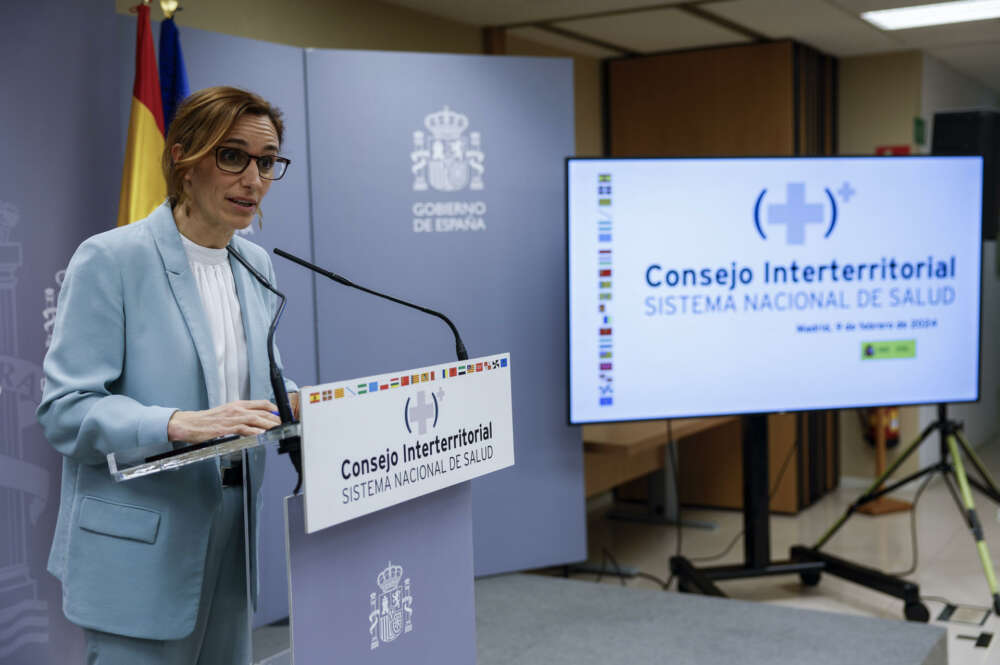 MADRID, 09/02/2024.- La ministra de Sanidad, Mónica García, ofrece una rueda de prensa al término del Consejo Interterritorial del Sistema Nacional de Salud, este viernes en Madrid. EFE/Zipi