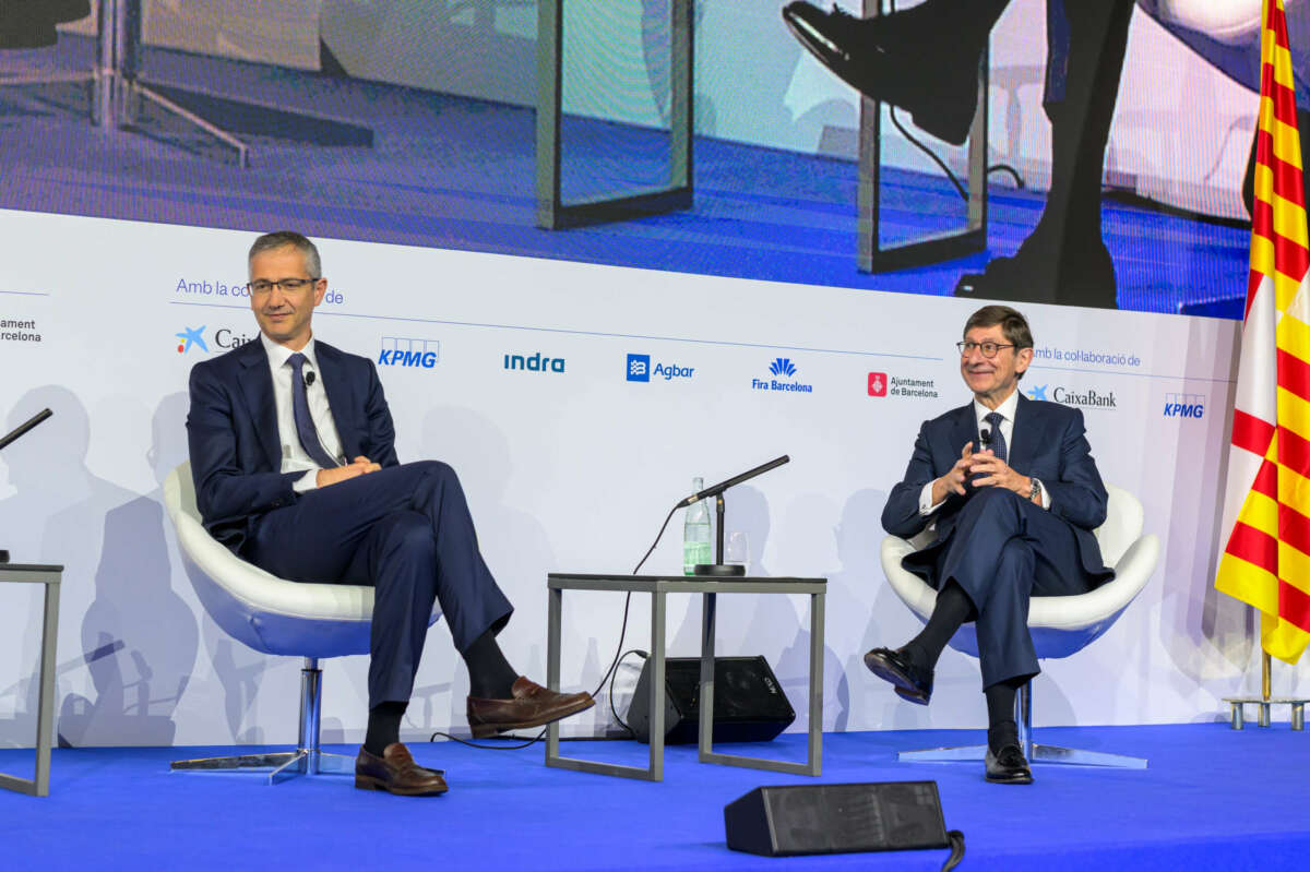 El presidente de CaixaBank, José Ignacio Goirigolzarri, y el gobernador del Banco de España, Pablo Hernández de Cos. Foto: Cercle d'Economia.