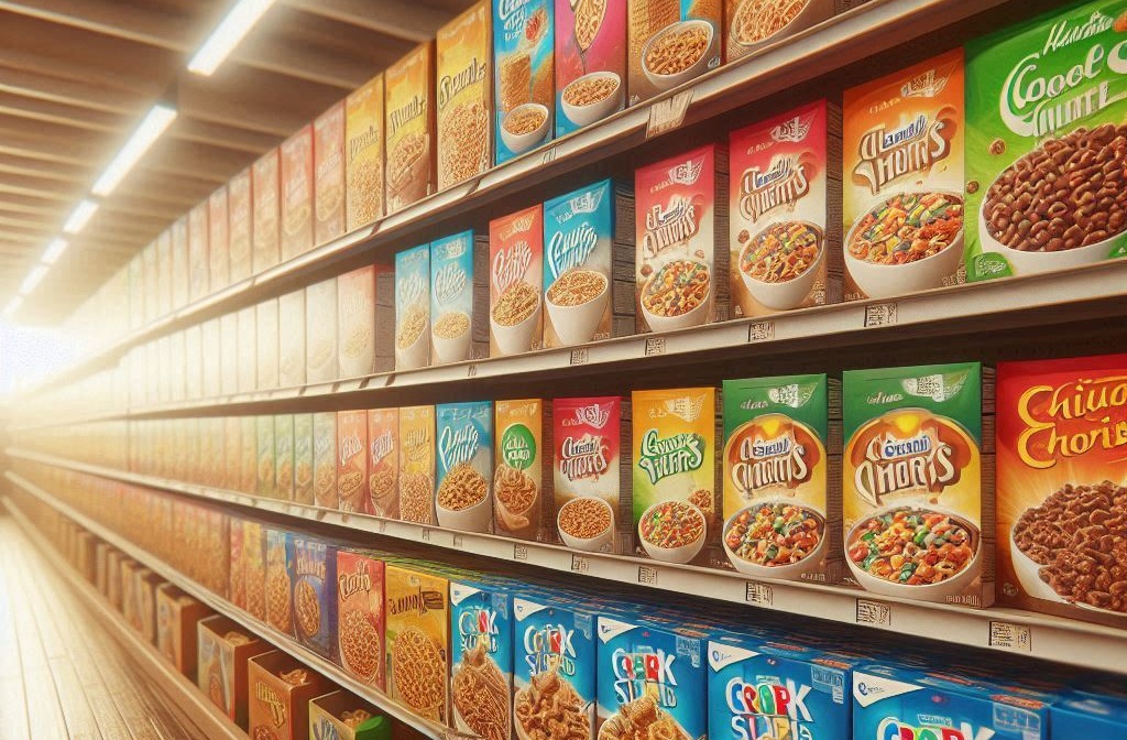 Una estantería con cajas de cereales