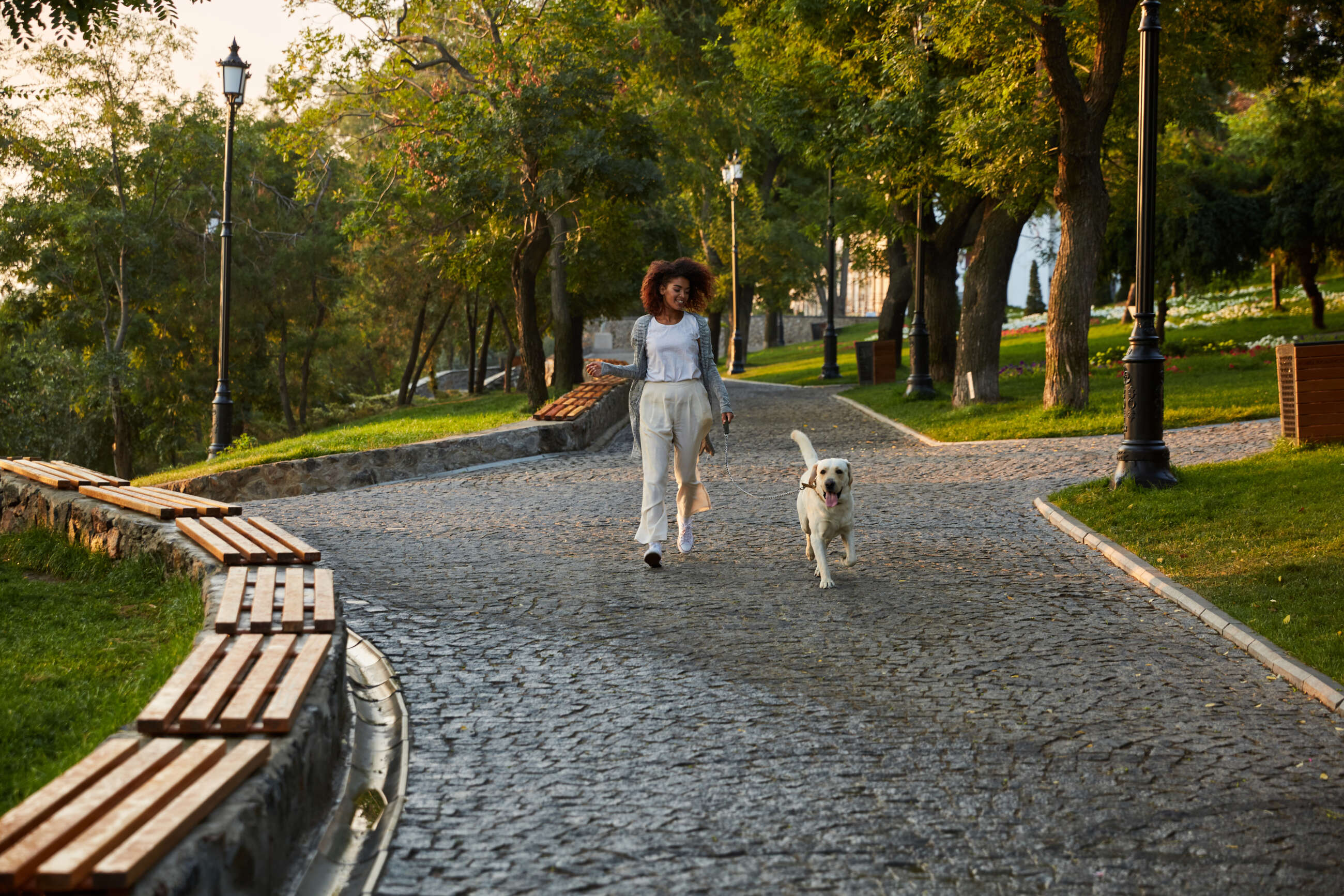 Una mujer pasea un perro.