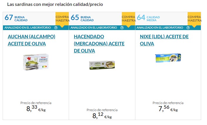 Cuadro con las tres mejores marcas de sardinas en lata según  la OCU