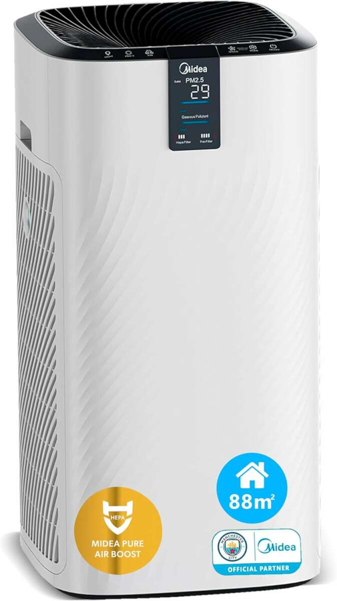 El purificador de aire con filtro HEPA de MIDEA, disponible en Amazon.