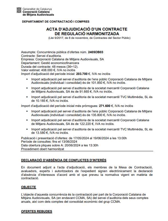 Adjudicación del contrato a Ernst & Young. CCMA. TV3. Imagen: Plataforma de contratación de la Generalitat de Catalunya.