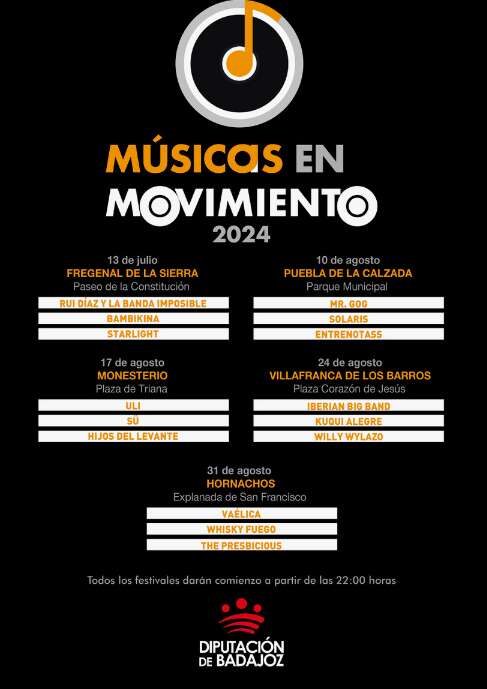 La programación de 'Músicos en movimiento', organizado por la Diputación de Badajoz.