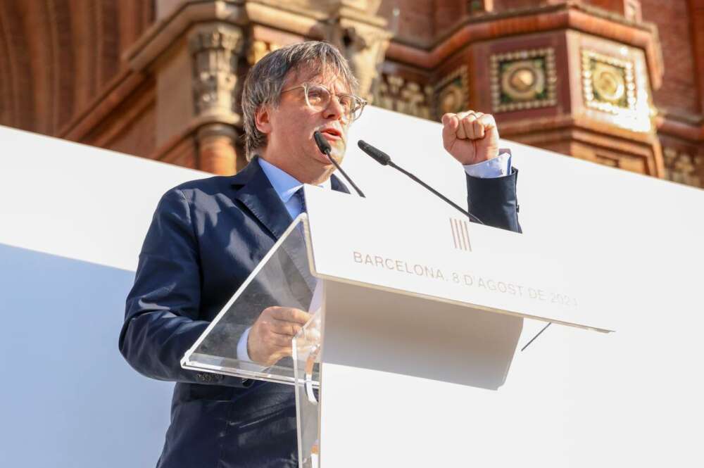 Carles Puigdemont, durante el discurso que ha hecho en Barcelona a su regreso a España. Foto: Junts