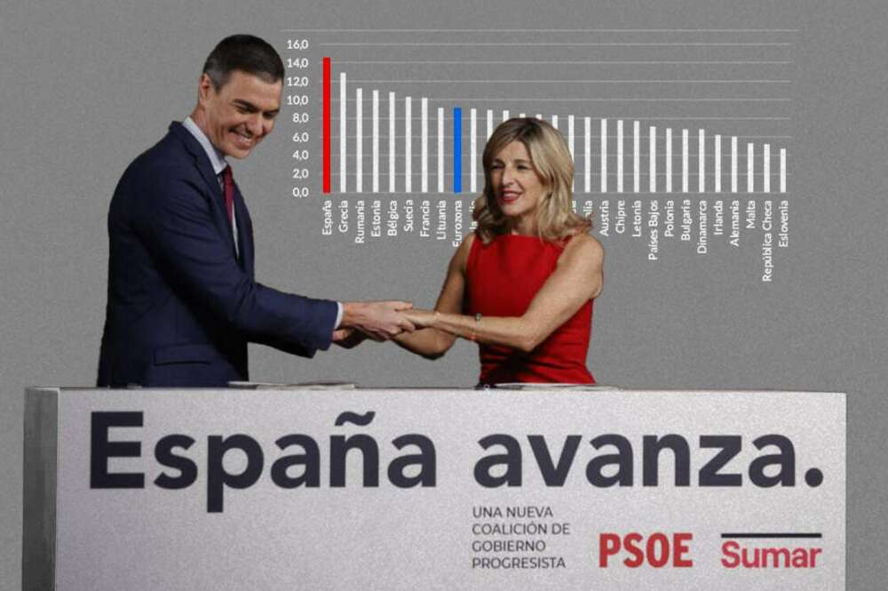 Pedro Sánchez y Yolanda Díaz, en un montaje con los datos económicos