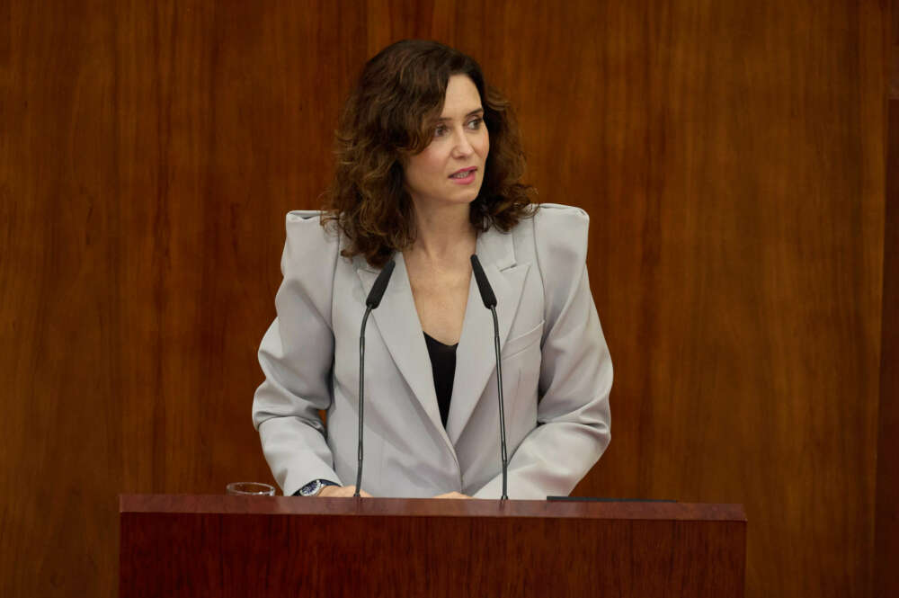 La presidenta de la Comunidad de Madrid, Isabel Díaz Ayuso, interviene durante la primera sesión del Debate del Estado de la Región en la Asamblea de Madrid, a 12 de septiembre de 2024, en Madrid (España). La presidenta de la Comunidad de Madrid, Isabel Díaz Ayuso, afronta hoy y mañana en la Asamblea el Debate del Estado de la Región, el primero desde que cuenta con mayoría absoluta y en el que se prevé que haga balance de gestión y desglose las principales líneas de acción de su Gobierno. Jesús Hellín / Europa Press 12/9/2024