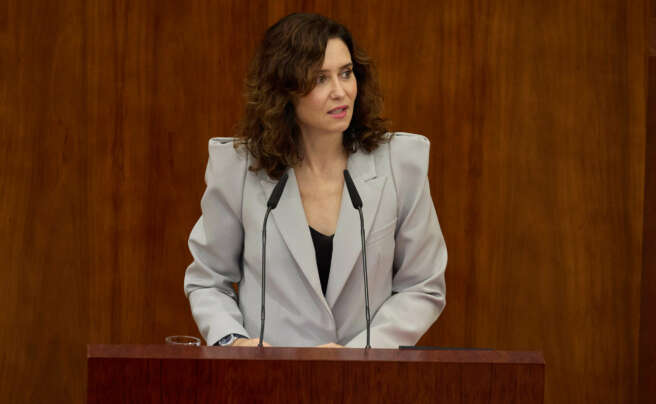 La presidenta de la Comunidad de Madrid, Isabel Díaz Ayuso, interviene durante la primera sesión del Debate del Estado de la Región en la Asamblea de Madrid, a 12 de septiembre de 2024, en Madrid (España). La presidenta de la Comunidad de Madrid, Isabel Díaz Ayuso, afronta hoy y mañana en la Asamblea el Debate del Estado de la Región, el primero desde que cuenta con mayoría absoluta y en el que se prevé que haga balance de gestión y desglose las principales líneas de acción de su Gobierno. Jesús Hellín / Europa Press 12/9/2024