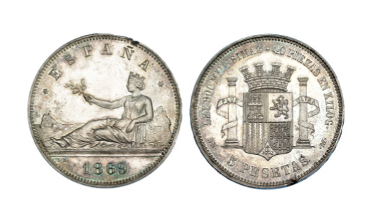 Moneda de 5 pesetas 1869 *18-69 