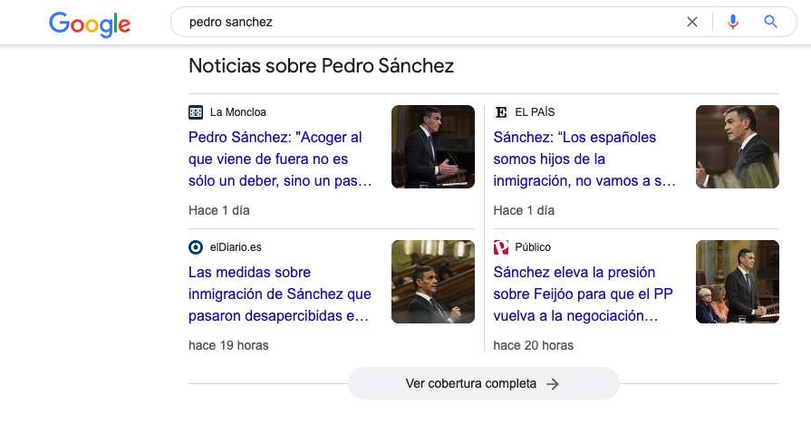 La principal noticia sobre Pedro Sánchez en una búsqueda la proveyó La Moncloa, es decir, el propio Sánchez.