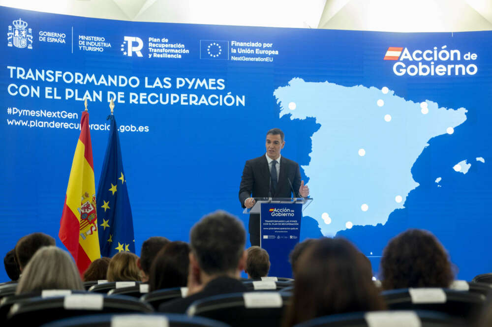 El presidente del Gobierno, Pedro Sánchez, durante la la jornada 'Transformando las Pymes con el Plan de Recuperación’, en la Escuela de Organización Industrial. Alberto Ortega / Europa Press