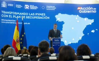 El presidente del Gobierno, Pedro Sánchez, durante la la jornada 'Transformando las Pymes con el Plan de Recuperación’, en la Escuela de Organización Industrial. Alberto Ortega / Europa Press