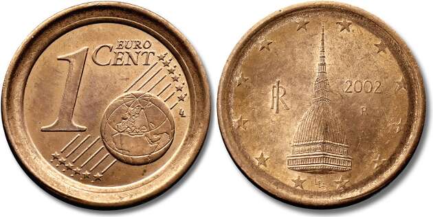 Una moneda de 1 céntimo italiano de 2002