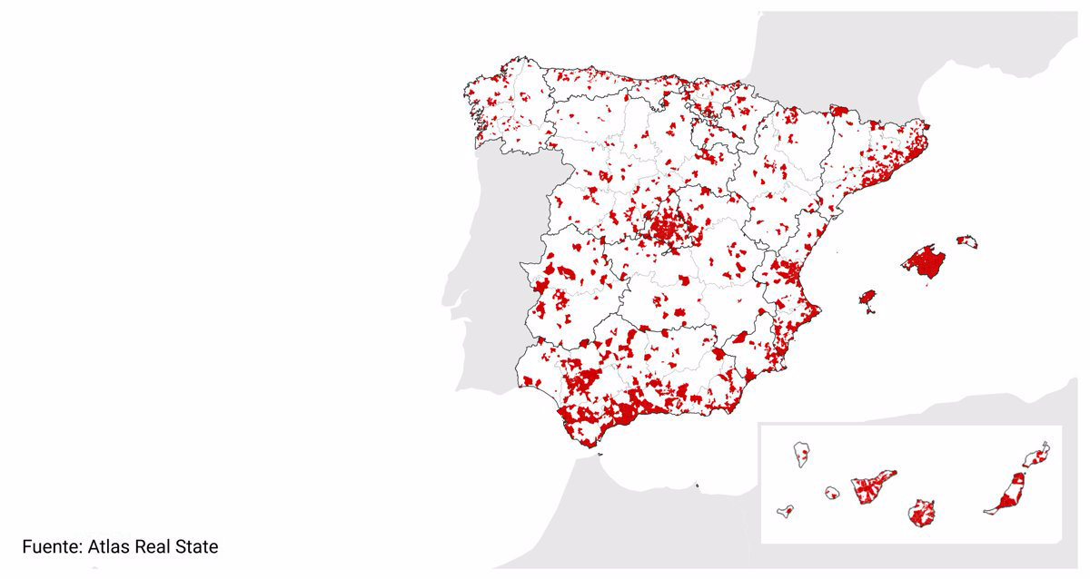 En rojo las zonas tensionadas en España. Fuente: Atlas Real Estate.