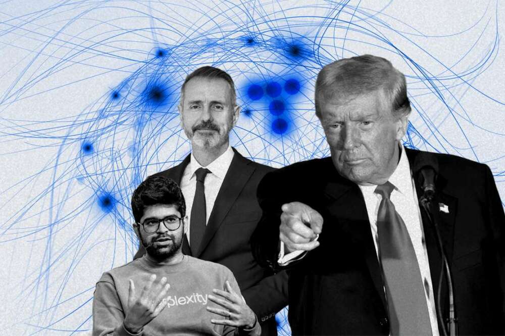 Marc Murtra, presidente de Telefónica, Aravind Srinivas, CEO de Perplexity, y Donal Trump, presidente de Estados Unidos