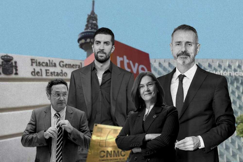 Ilustración con el fiscal Ángel García Ortíz, David Broncano (RTVE), Cani Fernández (CNMC) y Marc Murtra (Telefónica)