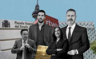 Ilustración con el fiscal Ángel García Ortíz, David Broncano (RTVE), Cani Fernández (CNMC) y Marc Murtra (Telefónica)