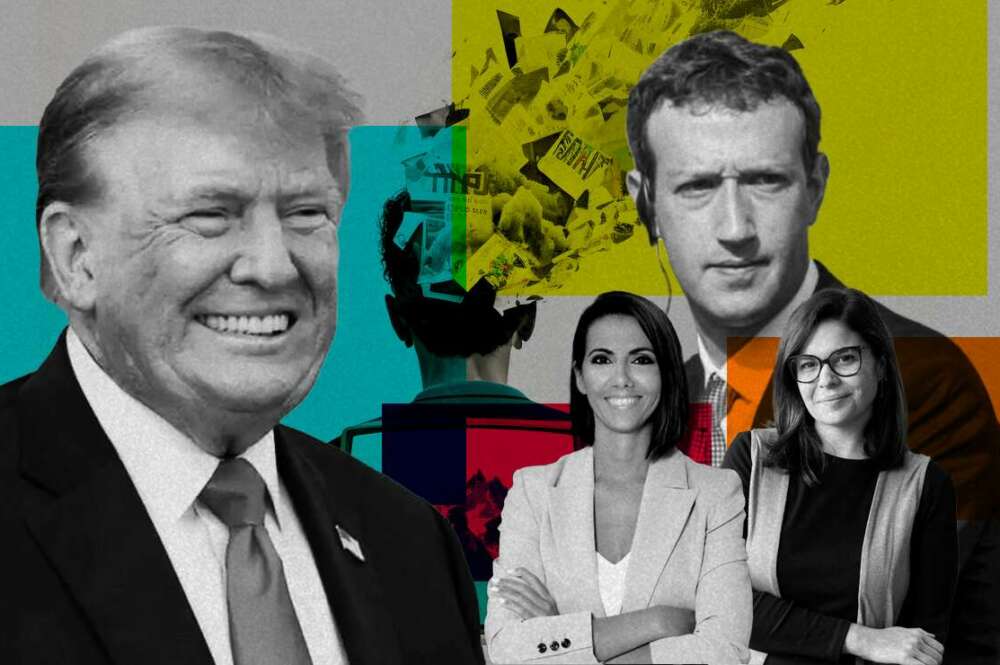 Donald Trump, Ana Pastor (Maldita), Mark Zuckerberg (Meta) y Clara Jiménez (Maldita)