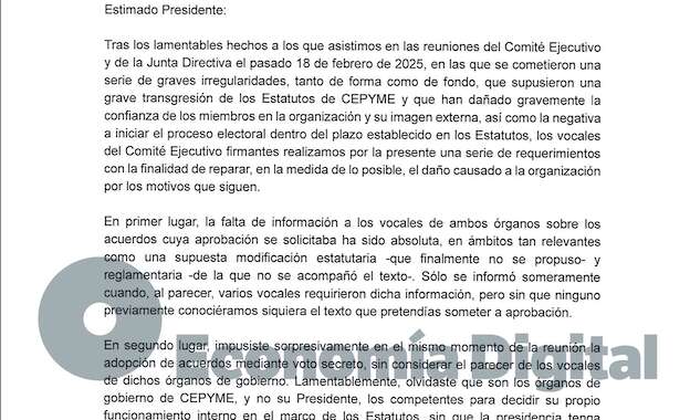 Carta de un dirigente de Cepyme a Gerardo Cuerva en la guera con Antonio Garamendi