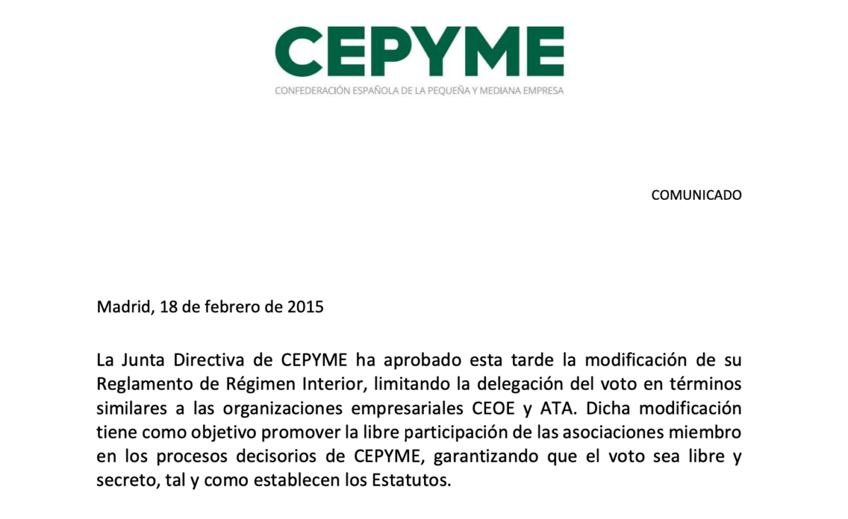 Comunicado de Cepyme, anunciando la derrota de Garamendi