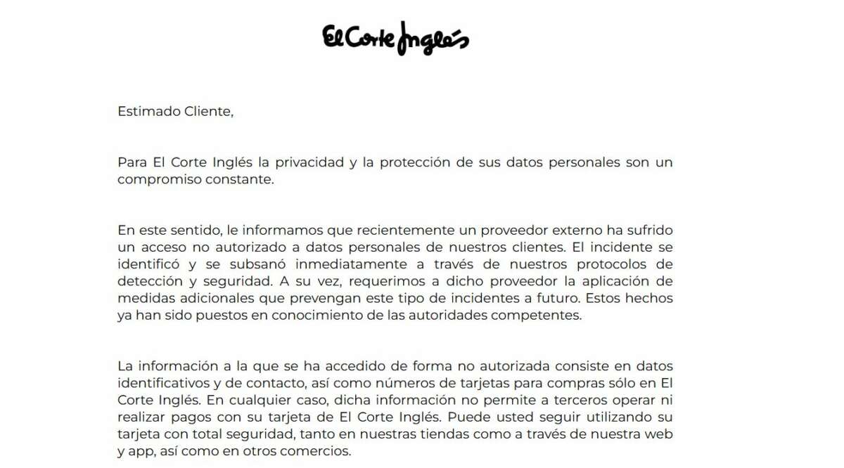 Aviso importante El Corte Inglés