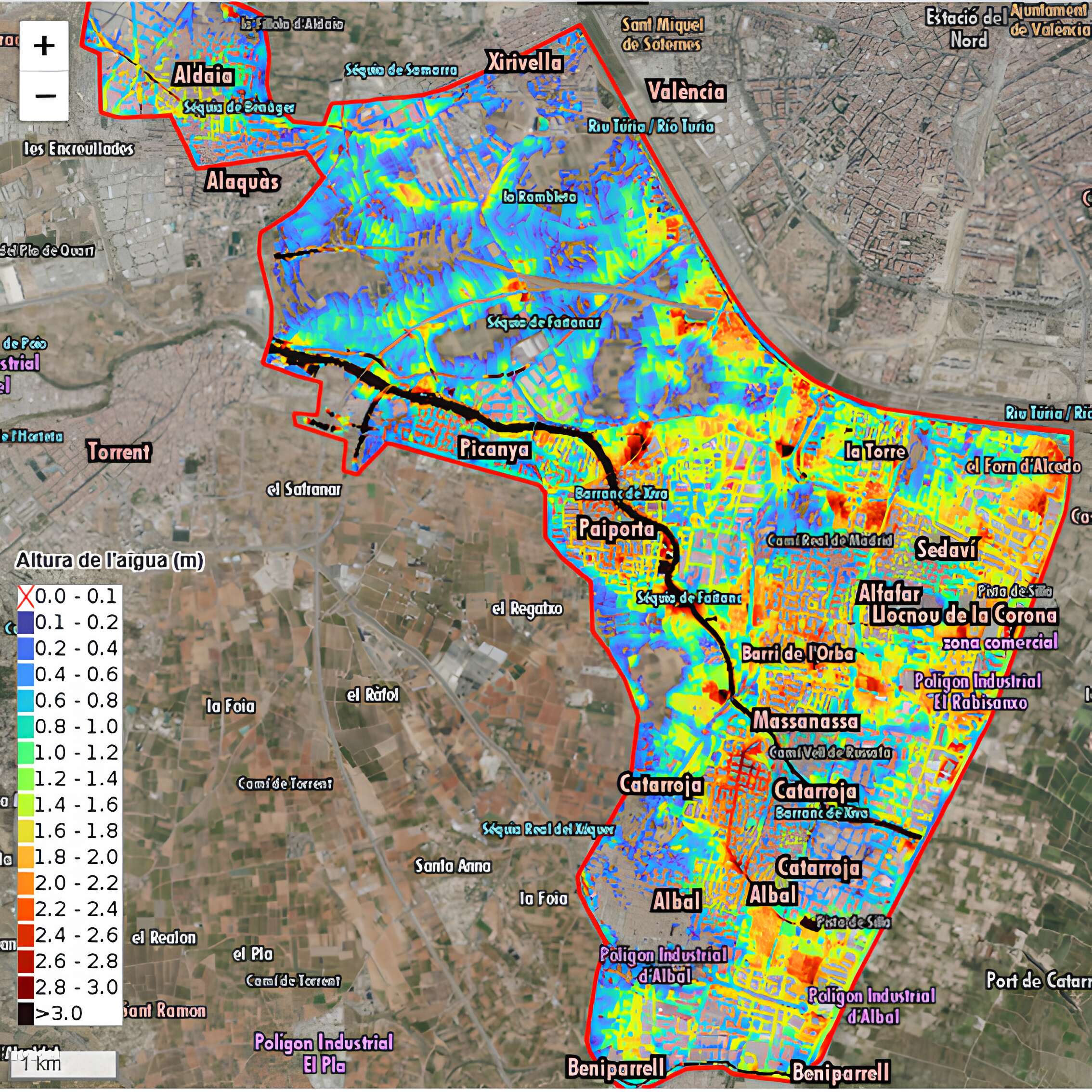 Mapa de las zonas inundables en la zona cero de la DANA elaborado por la UPV