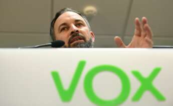 El presidente de Vox, Santiago Abascal, durante una rueda de prensa.