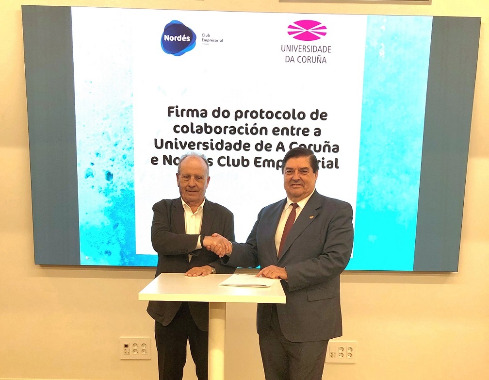 El rector de la Universidade da Coruña, Julio Abalde, junto al presidente de Nordés Club Empresarial, Carlos López Navaza