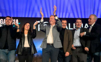 El presidente del PPdeG y de la Xunta, Alfonso Rueda, en un acto de partido junto a líderes autonómicos de esta formación con motivo de las próximas elecciones gallegas