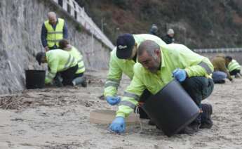 Operarios de Tragsa en Asturias recogen las bolas de 'pellets' llegadas a la costa