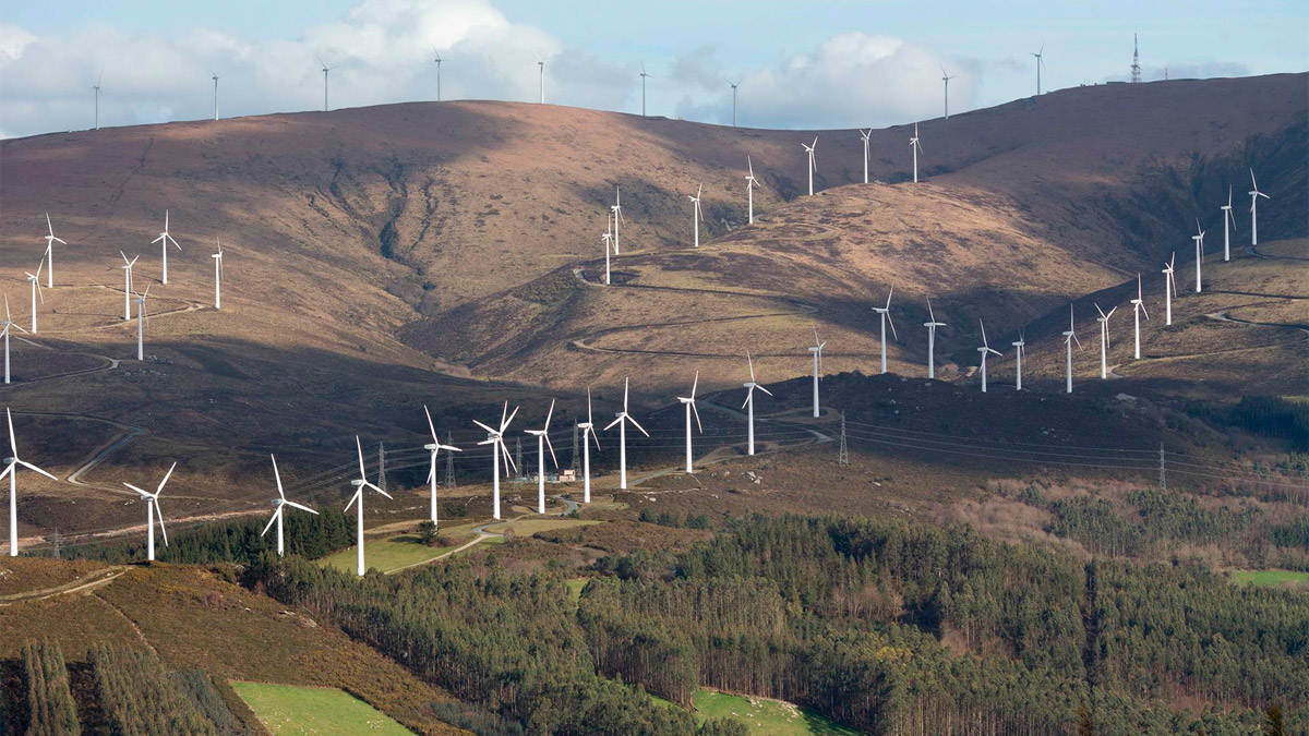 Varios aerogeneradores en el parque eólico de Vilachá, a 15 de marzo de 2024, en Lugo